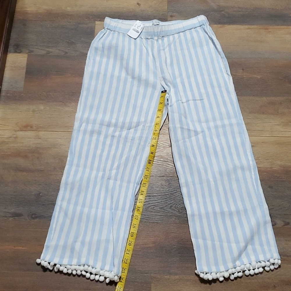 J crew factory white blue striped pom pom tassel hem cropped